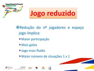 Redução do nº jogadores e espaço
jogo implica:
Maior participação
Mais golos
Jogo mais fluído
Maior número de situações 1 x 1
Jogo reduzido
 