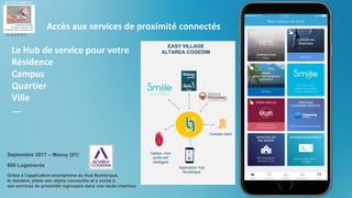 Accès aux services de proximité connectés
Le Hub de service pour votre
Résidence
Campus
Quartier
Ville
….
13
Application Hub
Numérique
EASY VILLAGE
ALTAREA COGEDIM
Gablys, mon
porte-clef
intelligent
Ma maisontranquille
Mon climat
Ma conciergerie
MassyEn Poche
Agenda
MassyEn Poche
Actualités
MassyEn Poche
Signaler
Compte client
Septembre 2017 – Massy (91)
800 Logements
Grâce à l’application smartphone du Hub Numérique,
le résident, pilote ses objets connectés et a accès à
ses services de proximité regroupés dans une seule interface
En B to B to C
 