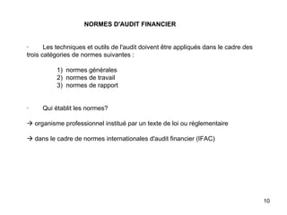 NORMES D'AUDIT FINANCIER   ·        Les techniques et outils de l'audit doivent être appliqués dans le cadre des trois catégories de normes suivantes :                    1)  normes générales                  2)  normes de travail                  3)  normes de rapport     ·        Qui établit les normes?     organisme professionnel institué par un texte de loi ou réglementaire     dans le cadre de normes internationales d'audit financier (IFAC) 