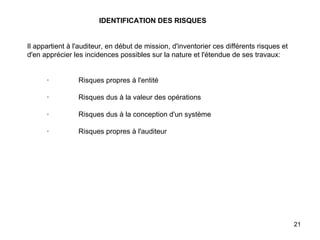   IDENTIFICATION DES RISQUES   Il appartient à l'auditeur, en début de mission, d'inventorier ces différents risques et d'en apprécier les incidences possibles sur la nature et l'étendue de ses travaux:               ·               Risques propres à l'entité             ·               Risques dus à la valeur des opérations             ·               Risques dus à la conception d'un système             ·               Risques propres à l'auditeur   