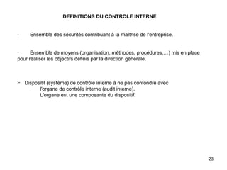 DEFINITIONS DU CONTROLE INTERNE     ·        Ensemble des sécurités contribuant à la maîtrise de l'entreprise.     ·        Ensemble de moyens (organisation, méthodes, procédures, … ) mis en place pour réaliser les objectifs définis par la direction générale.       F  Dispositif (système) de contrôle interne à ne pas confondre avec l'organe de contrôle interne (audit interne). L'organe est une composante du dispositif.   