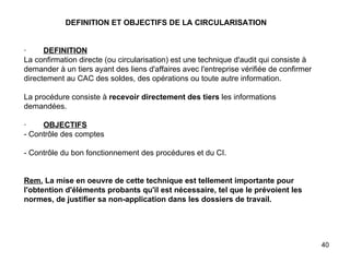   DEFINITION ET OBJECTIFS DE LA CIRCULARISATION     ·         DEFINITION La confirmation directe (ou circularisation) est une technique d'audit qui consiste à demander à un tiers ayant des liens d'affaires avec l'entreprise vérifiée de confirmer directement au CAC des soldes, des opérations ou toute autre information.   La procédure consiste à  recevoir directement des tiers  les informations demandées.   ·         OBJECTIFS - Contrôle des comptes   - Contrôle du bon fonctionnement des procédures et du CI.     Rem.  La mise en oeuvre de cette technique est tellement importante pour l'obtention d'éléments probants qu'il est nécessaire, tel que le prévoient les normes, de justifier sa non-application dans les dossiers de travail. 