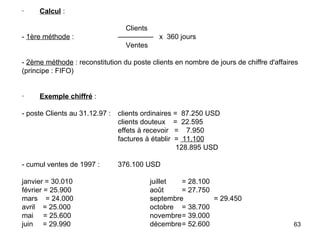·         Calcul  :     Clients -  1ère méthode  : —————  x  360 jours   Ventes   -  2ème méthode  : reconstitution du poste clients en nombre de jours de chiffre d'affaires (principe : FIFO)     ·         Exemple chiffré  :   - poste Clients au 31.12.97 : clients ordinaires =  87.250 USD clients douteux  =  22.595 effets à recevoir  =  7.950 factures à établir  =  11.100   128.895 USD   - cumul ventes de 1997 : 376.100 USD   janvier = 30.010 juillet  = 28.100 février = 25.900 août  = 27.750 mars  = 24.000 septembre = 29.450 avril  = 25.000 octobre = 38.700 mai  = 25.600 novembre = 39.000 juin  = 29.990 décembre = 52.600 
