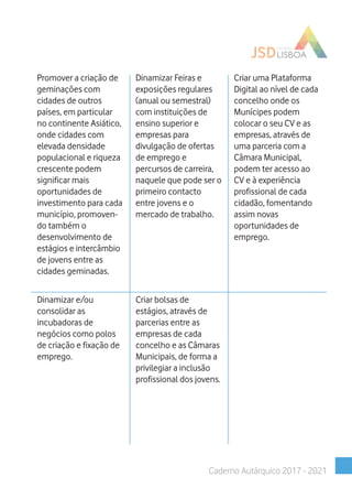 Promover a criação de
geminações com
cidades de outros
países, em particular
no continente Asiático,
onde cidades com
elevada densidade
populacional e riqueza
crescente podem
significar mais
oportunidades de
investimento para cada
município, promoven-
do também o
desenvolvimento de
estágios e intercâmbio
de jovens entre as
cidades geminadas.
Dinamizar Feiras e
exposições regulares
(anual ou semestral)
com instituições de
ensino superior e
empresas para
divulgação de ofertas
de emprego e
percursos de carreira,
naquele que pode ser o
primeiro contacto
entre jovens e o
mercado de trabalho.
Criar uma Plataforma
Digital ao nível de cada
concelho onde os
Munícipes podem
colocar o seu CV e as
empresas, através de
uma parceria com a
Câmara Municipal,
podem ter acesso ao
CV e à experiência
profissional de cada
cidadão, fomentando
assim novas
oportunidades de
emprego.
Dinamizar e/ou
consolidar as
incubadoras de
negócios como polos
de criação e fixação de
emprego.
Criar bolsas de
estágios, através de
parcerias entre as
empresas de cada
concelho e as Câmaras
Municipais, de forma a
privilegiar a inclusão
profissional dos jovens.
Caderno Autárquico 2017 - 2021
 