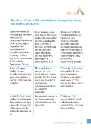 Nas Smart Cities, a JSD deve defender as seguintes causas
nos órgãos autárquicos:
Desenvolvimento de
uma App do Município,
onde cada cidadão tem
informação relevante
para si (direitos e
deveres) e informação
útil do Concelho
(agenda cultural,
agenda desportiva,
associações e
organizações, etc.).
Desenvolvimento de
Plataformas Online de
Educação, com
inúmeros recursos
didáticos e recursos
tecnológicos gratuitos,
disponíveis para toda a
comunidade escolar de
cada concelho (pais,
professores,
educadores e alunos).
Sistema de rega
inteligente que
permitam poupança de
água e ter os jardins e
espaços públicos mais
cuidados.
Melhor eficiência
energética com
iluminação inteligente
(gestão da intensidade
adequada à luminosi-
dade do dia e
substituição imediata
de lâmpadas
avariadas).
Colocação de sensores
nos caixotes do lixo
para organizar ao
detalhe a velocidade e
os ciclos de recolha
que melhor beneficiem
os munícipes.
Instalação de sensores
inteligentes dos níveis
da poluição do ar, água
e poluição sonora com
vista ao controlo da
qualidade da água e do
ar.
Instalação de sensores
de cheias nas zonas
mais sensíveis de cada
concelho.
Criação de redes
municipais internas de
cada Município para
comunicações em caso
de catástrofes.
Caderno Autárquico 2017 - 2021
Desenvolvimento de
soluções que permitam
aos cidadãos
comunicar diretamente
com a autarquia para
sugestões/rec-
lamações sobre
situações ocorrentes
no espaço público,
seguindo o exemplo do
GeoEstrela da
Freguesia da Estrela.
 
