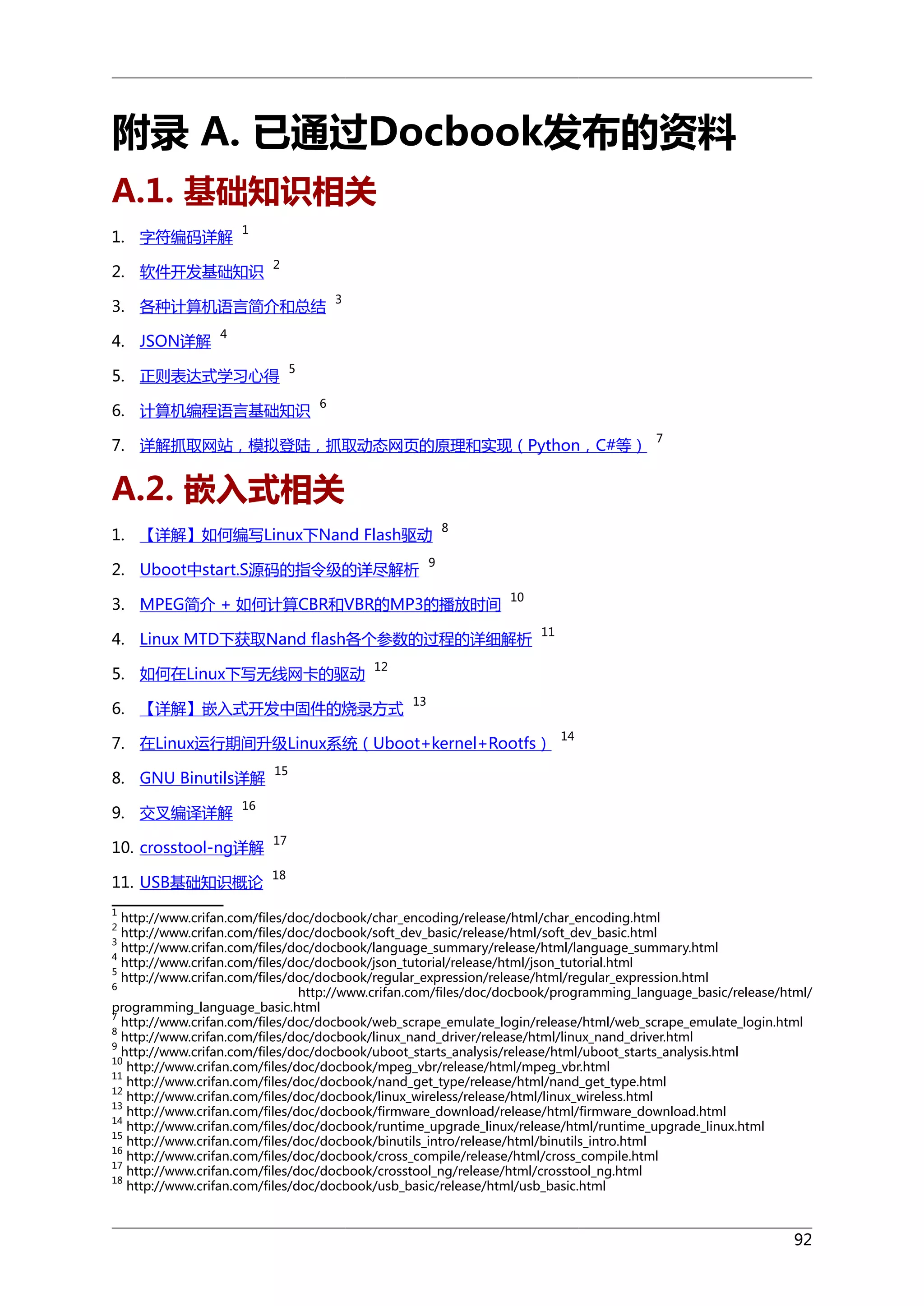 附录 A. 已通过Docbook发布的资料
A.1. 基础知识相关
1. 字符编码详解

1

2. 软件开发基础知识

2

3. 各种计算机语言简介和总结
4. JSON详解

3

4

5. 正则表达式学习心得

5

6. 计算机编程语言基础知识

6

7. 详解抓取网站，模拟登陆，抓取动态网页的原理和实现（Python，C#等）

7

A.2. 嵌入式相关
1. 【详解】如何编写Linux下Nand Flash驱动
2. Uboot中start.S源码的指令级的详尽解析

8

9

3. MPEG简介 + 如何计算CBR和VBR的MP3的播放时间

10

4. Linux MTD下获取Nand flash各个参数的过程的详细解析
5. 如何在Linux下写无线网卡的驱动

11

12

6. 【详解】嵌入式开发中固件的烧录方式

13

7. 在Linux运行期间升级Linux系统（Uboot+kernel+Rootfs）
8. GNU Binutils详解
9. 交叉编译详解

14

15

16

10. crosstool-ng详解

17

11. USB基础知识概论

18

1

http://www.crifan.com/files/doc/docbook/char_encoding/release/html/char_encoding.html
http://www.crifan.com/files/doc/docbook/soft_dev_basic/release/html/soft_dev_basic.html
3
http://www.crifan.com/files/doc/docbook/language_summary/release/html/language_summary.html
4
http://www.crifan.com/files/doc/docbook/json_tutorial/release/html/json_tutorial.html
5
http://www.crifan.com/files/doc/docbook/regular_expression/release/html/regular_expression.html
6
http://www.crifan.com/files/doc/docbook/programming_language_basic/release/html/
programming_language_basic.html
7
http://www.crifan.com/files/doc/docbook/web_scrape_emulate_login/release/html/web_scrape_emulate_login.html
8
http://www.crifan.com/files/doc/docbook/linux_nand_driver/release/html/linux_nand_driver.html
9
http://www.crifan.com/files/doc/docbook/uboot_starts_analysis/release/html/uboot_starts_analysis.html
10
http://www.crifan.com/files/doc/docbook/mpeg_vbr/release/html/mpeg_vbr.html
11
http://www.crifan.com/files/doc/docbook/nand_get_type/release/html/nand_get_type.html
12
http://www.crifan.com/files/doc/docbook/linux_wireless/release/html/linux_wireless.html
13
http://www.crifan.com/files/doc/docbook/firmware_download/release/html/firmware_download.html
14
http://www.crifan.com/files/doc/docbook/runtime_upgrade_linux/release/html/runtime_upgrade_linux.html
15
http://www.crifan.com/files/doc/docbook/binutils_intro/release/html/binutils_intro.html
16
http://www.crifan.com/files/doc/docbook/cross_compile/release/html/cross_compile.html
17
http://www.crifan.com/files/doc/docbook/crosstool_ng/release/html/crosstool_ng.html
18
http://www.crifan.com/files/doc/docbook/usb_basic/release/html/usb_basic.html
2

92

 