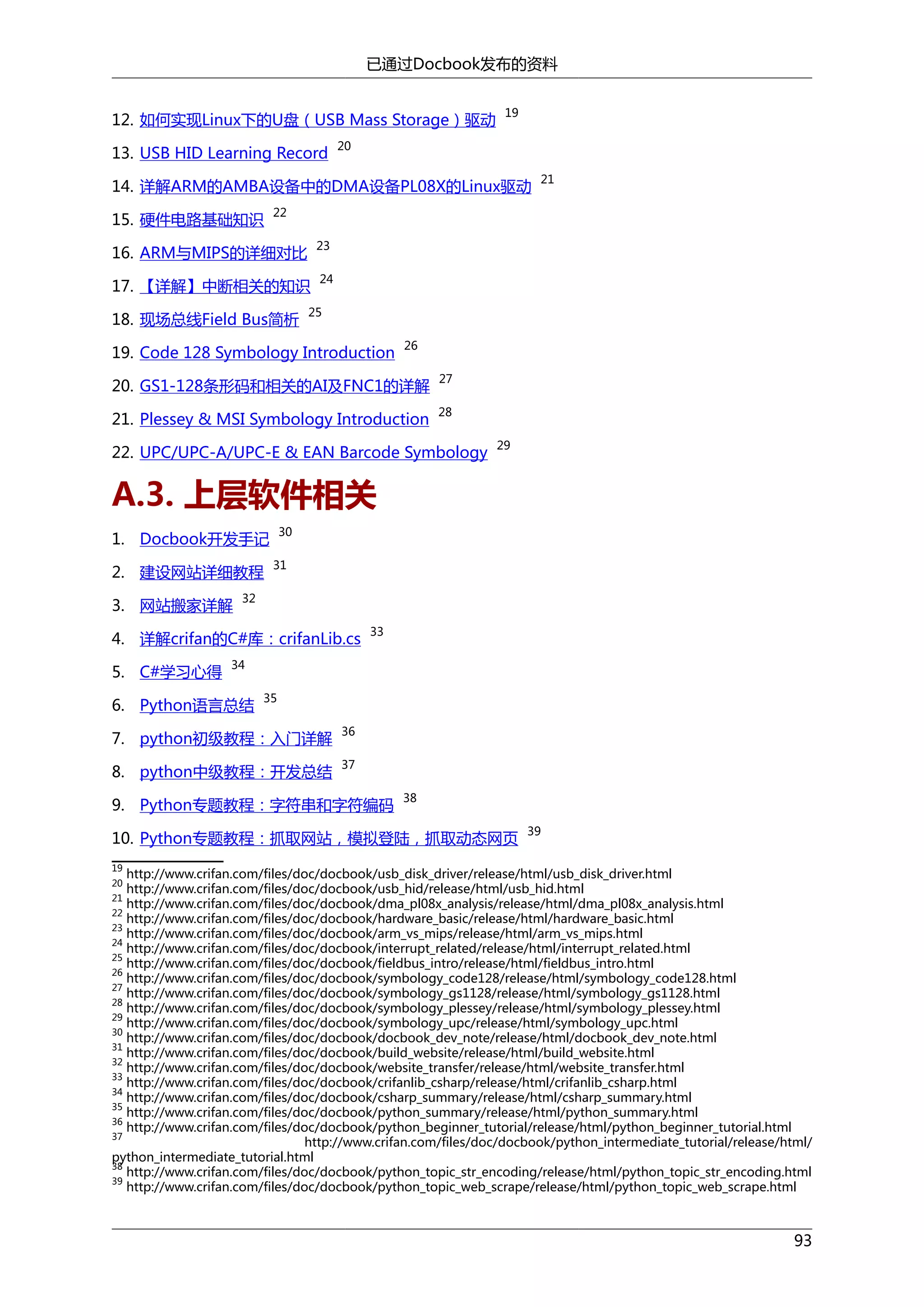 已通过Docbook发布的资料
12. 如何实现Linux下的U盘（USB Mass Storage）驱动
13. USB HID Learning Record

19

20

14. 详解ARM的AMBA设备中的DMA设备PL08X的Linux驱动
15. 硬件电路基础知识

21

22

16. ARM与MIPS的详细对比

23

17. 【详解】中断相关的知识

24

18. 现场总线Field Bus简析

25

19. Code 128 Symbology Introduction

26

20. GS1-128条形码和相关的AI及FNC1的详解

27

21. Plessey & MSI Symbology Introduction

28

22. UPC/UPC-A/UPC-E & EAN Barcode Symbology

29

A.3. 上层软件相关
30

1. Docbook开发手记
2. 建设网站详细教程
3. 网站搬家详解

31

32

4. 详解crifan的C#库：crifanLib.cs
5. C#学习心得

33

34

6. Python语言总结

35

7. python初级教程：入门详解

36

8. python中级教程：开发总结

37

9. Python专题教程：字符串和字符编码

38

10. Python专题教程：抓取网站，模拟登陆，抓取动态网页

39

19

http://www.crifan.com/files/doc/docbook/usb_disk_driver/release/html/usb_disk_driver.html
http://www.crifan.com/files/doc/docbook/usb_hid/release/html/usb_hid.html
21
http://www.crifan.com/files/doc/docbook/dma_pl08x_analysis/release/html/dma_pl08x_analysis.html
22
http://www.crifan.com/files/doc/docbook/hardware_basic/release/html/hardware_basic.html
23
http://www.crifan.com/files/doc/docbook/arm_vs_mips/release/html/arm_vs_mips.html
24
http://www.crifan.com/files/doc/docbook/interrupt_related/release/html/interrupt_related.html
25
http://www.crifan.com/files/doc/docbook/fieldbus_intro/release/html/fieldbus_intro.html
26
http://www.crifan.com/files/doc/docbook/symbology_code128/release/html/symbology_code128.html
27
http://www.crifan.com/files/doc/docbook/symbology_gs1128/release/html/symbology_gs1128.html
28
http://www.crifan.com/files/doc/docbook/symbology_plessey/release/html/symbology_plessey.html
29
http://www.crifan.com/files/doc/docbook/symbology_upc/release/html/symbology_upc.html
30
http://www.crifan.com/files/doc/docbook/docbook_dev_note/release/html/docbook_dev_note.html
31
http://www.crifan.com/files/doc/docbook/build_website/release/html/build_website.html
32
http://www.crifan.com/files/doc/docbook/website_transfer/release/html/website_transfer.html
33
http://www.crifan.com/files/doc/docbook/crifanlib_csharp/release/html/crifanlib_csharp.html
34
http://www.crifan.com/files/doc/docbook/csharp_summary/release/html/csharp_summary.html
35
http://www.crifan.com/files/doc/docbook/python_summary/release/html/python_summary.html
36
http://www.crifan.com/files/doc/docbook/python_beginner_tutorial/release/html/python_beginner_tutorial.html
37
http://www.crifan.com/files/doc/docbook/python_intermediate_tutorial/release/html/
python_intermediate_tutorial.html
38
http://www.crifan.com/files/doc/docbook/python_topic_str_encoding/release/html/python_topic_str_encoding.html
39
http://www.crifan.com/files/doc/docbook/python_topic_web_scrape/release/html/python_topic_web_scrape.html
20

93

 