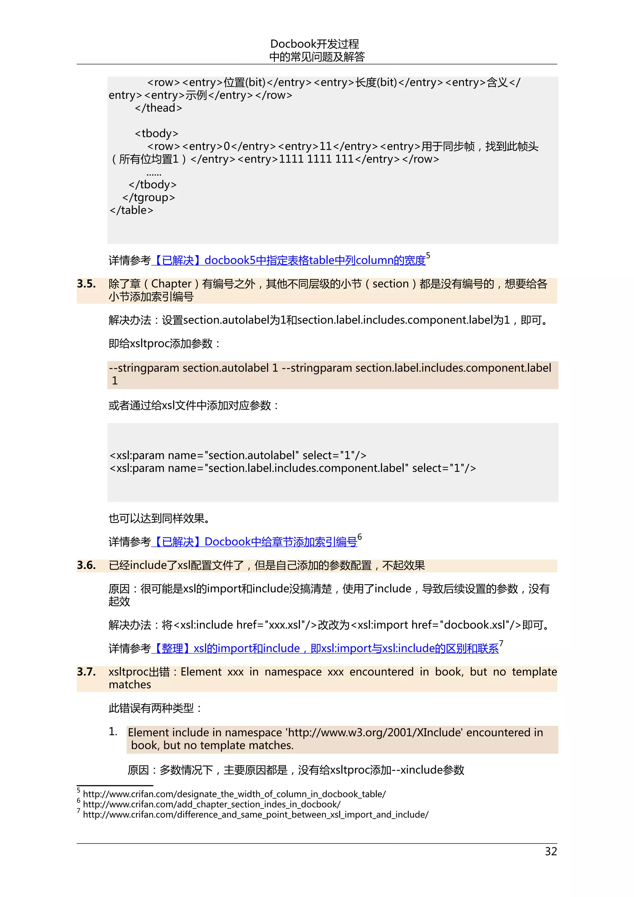 Docbook开发过程
中的常见问题及解答
<row><entry>位置(bit)</entry><entry>长度(bit)</entry><entry>含义</
entry><entry>示例</entry></row>
</thead>
<tbody>
<row><entry>0</entry><entry>11</entry><entry>用于同步帧，找到此帧头
（所有位均置1）</entry><entry>1111 1111 111</entry></row>
......
</tbody>
</tgroup>
</table>

详情参考【已解决】docbook5中指定表格table中列column的宽度
3.5.

5

除了章（Chapter）有编号之外，其他不同层级的小节（section）都是没有编号的，想要给各
小节添加索引编号
解决办法：设置section.autolabel为1和section.label.includes.component.label为1，即可。
即给xsltproc添加参数：
--stringparam section.autolabel 1 --stringparam section.label.includes.component.label
1
或者通过给xsl文件中添加对应参数：

<xsl:param name="section.autolabel" select="1"/>
<xsl:param name="section.label.includes.component.label" select="1"/>

也可以达到同样效果。
6

详情参考【已解决】Docbook中给章节添加索引编号
3.6.

已经include了xsl配置文件了，但是自己添加的参数配置，不起效果
原因：很可能是xsl的import和include没搞清楚，使用了include，导致后续设置的参数，没有
起效
解决办法：将<xsl:include href="xxx.xsl"/>改改为<xsl:import href="docbook.xsl"/>即可。
详情参考【整理】xsl的import和include，即xsl:import与xsl:include的区别和联系

3.7.

7

xsltproc出错：Element xxx in namespace xxx encountered in book, but no template
matches
此错误有两种类型：
1. Element include in namespace 'http://www.w3.org/2001/XInclude' encountered in
book, but no template matches.
原因：多数情况下，主要原因都是，没有给xsltproc添加--xinclude参数

5
6
7

http://www.crifan.com/designate_the_width_of_column_in_docbook_table/
http://www.crifan.com/add_chapter_section_indes_in_docbook/
http://www.crifan.com/difference_and_same_point_between_xsl_import_and_include/

32

 
