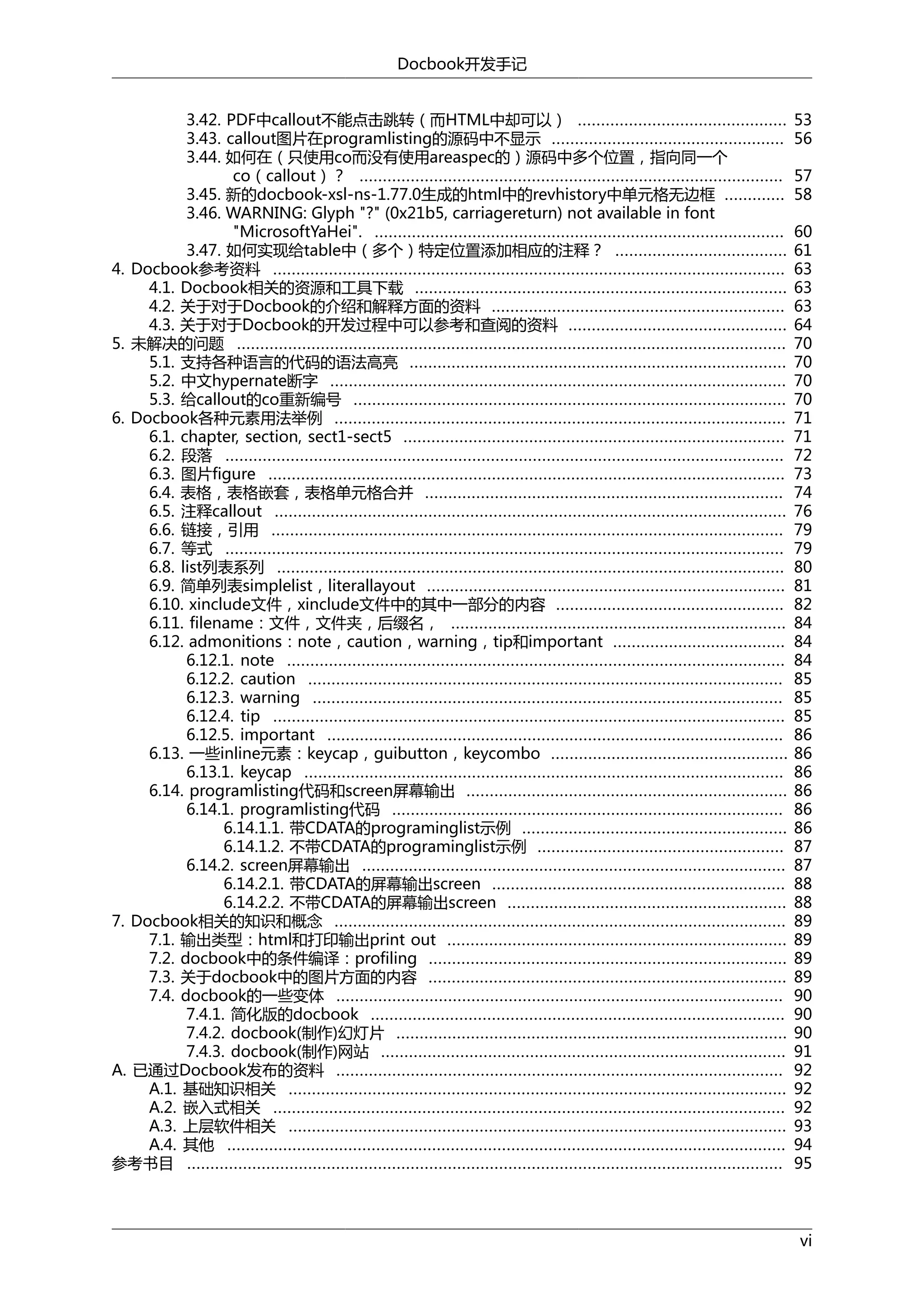 Docbook开发手记
3.42. PDF中callout不能点击跳转（而HTML中却可以） .............................................
3.43. callout图片在programlisting的源码中不显示 ..................................................
3.44. 如何在（只使用co而没有使用areaspec的）源码中多个位置，指向同一个
co（callout）？ ...........................................................................................
3.45. 新的docbook-xsl-ns-1.77.0生成的html中的revhistory中单元格无边框 .............
3.46. WARNING: Glyph "?" (0x21b5, carriagereturn) not available in font
"MicrosoftYaHei". ........................................................................................
3.47. 如何实现给table中（多个）特定位置添加相应的注释？ .....................................
4. Docbook参考资料 ..............................................................................................................
4.1. Docbook相关的资源和工具下载 ................................................................................
4.2. 关于对于Docbook的介绍和解释方面的资料 ...............................................................
4.3. 关于对于Docbook的开发过程中可以参考和查阅的资料 ...............................................
5. 未解决的问题 ......................................................................................................................
5.1. 支持各种语言的代码的语法高亮 .................................................................................
5.2. 中文hypernate断字 ..................................................................................................
5.3. 给callout的co重新编号 .............................................................................................
6. Docbook各种元素用法举例 .................................................................................................
6.1. chapter, section, sect1-sect5 ..................................................................................
6.2. 段落 ........................................................................................................................
6.3. 图片figure ...............................................................................................................
6.4. 表格，表格嵌套，表格单元格合并 .............................................................................
6.5. 注释callout ..............................................................................................................
6.6. 链接，引用 ..............................................................................................................
6.7. 等式 ........................................................................................................................
6.8. list列表系列 .............................................................................................................
6.9. 简单列表simplelist，literallayout .............................................................................
6.10. xinclude文件，xinclude文件中的其中一部分的内容 .................................................
6.11. filename：文件，文件夹，后缀名， ........................................................................
6.12. admonitions：note，caution，warning，tip和important .....................................
6.12.1. note ...........................................................................................................
6.12.2. caution ......................................................................................................
6.12.3. warning .....................................................................................................
6.12.4. tip ..............................................................................................................
6.12.5. important ..................................................................................................
6.13. 一些inline元素：keycap，guibutton，keycombo ...................................................
6.13.1. keycap .......................................................................................................
6.14. programlisting代码和screen屏幕输出 .....................................................................
6.14.1. programlisting代码 ....................................................................................
6.14.1.1. 带CDATA的programinglist示例 .........................................................
6.14.1.2. 不带CDATA的programinglist示例 .....................................................
6.14.2. screen屏幕输出 ...........................................................................................
6.14.2.1. 带CDATA的屏幕输出screen ...............................................................
6.14.2.2. 不带CDATA的屏幕输出screen ............................................................
7. Docbook相关的知识和概念 .................................................................................................
7.1. 输出类型：html和打印输出print out .........................................................................
7.2. docbook中的条件编译：profiling .............................................................................
7.3. 关于docbook中的图片方面的内容 .............................................................................
7.4. docbook的一些变体 ................................................................................................
7.4.1. 简化版的docbook .........................................................................................
7.4.2. docbook(制作)幻灯片 ....................................................................................
7.4.3. docbook(制作)网站 .......................................................................................
A. 已通过Docbook发布的资料 ................................................................................................
A.1. 基础知识相关 ...........................................................................................................
A.2. 嵌入式相关 ..............................................................................................................
A.3. 上层软件相关 ...........................................................................................................
A.4. 其他 ........................................................................................................................
参考书目 ................................................................................................................................

53
56
57
58
60
61
63
63
63
64
70
70
70
70
71
71
72
73
74
76
79
79
80
81
82
84
84
84
85
85
85
86
86
86
86
86
86
87
87
88
88
89
89
89
89
90
90
90
91
92
92
92
93
94
95

vi

 