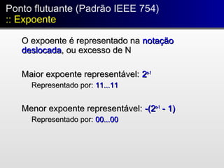 O expoente é representado naO expoente é representado na notaçãonotação
deslocadadeslocada, ou excesso de N, ou excesso de N
Maior expoente representável:Maior expoente representável: 22n-1n-1
Representado por:Representado por: 11...1111...11
Menor expoente representável:Menor expoente representável: -(2-(2n-1n-1
- 1)- 1)
Representado por:Representado por: 00...0000...00
Ponto flutuante (Padrão IEEE 754)
:: Expoente
Ponto flutuante (Padrão IEEE 754)
:: Expoente
 