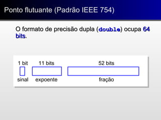 52 bits11 bits1 bit
fraçãoexpoentesinal
Ponto flutuante (Padrão IEEE 754)Ponto flutuante (Padrão IEEE 754)
O formato de precisão dupla (O formato de precisão dupla (doubledouble) ocupa) ocupa 6464
bitsbits..
 