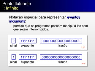 0 11111111 0000000000000000000000
fraçãoexpoentesinal
+∞
1 11111111 0000000000000000000000
fraçãoexpoentesinal
-∞
Ponto flutuante
:: Infinito
Ponto flutuante
:: Infinito
Notação especial para representarNotação especial para representar eventoseventos
incomunsincomuns::
permite que os programas possam manipulá-los sempermite que os programas possam manipulá-los sem
que sejam interrompidos.que sejam interrompidos.
 