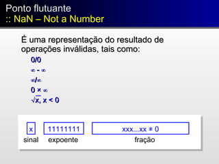 x 11111111 xxx...xx ≠ 0
fraçãoexpoentesinal
Ponto flutuante
:: NaN – Not a Number
Ponto flutuante
:: NaN – Not a Number
É uma representação do resultado deÉ uma representação do resultado de
operações inválidas, tais como:operações inválidas, tais como:
0/00/0
∞∞ - ∞- ∞
∞∞/∞/∞
0 × ∞0 × ∞
√√x, x < 0x, x < 0
 