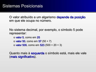 Sistemas PosicionaisSistemas Posicionais
O valor atribuído a um algarismoO valor atribuído a um algarismo depende dadepende da posiçãoposição
em que ele ocupa no número.em que ele ocupa no número.
No sistema decimal, por exemplo, o símbolo 5 podeNo sistema decimal, por exemplo, o símbolo 5 pode
representar:representar:
oo valor 5valor 5, como em, como em 2525
oo valor 50valor 50, como em, como em 5757 (50 + 7)(50 + 7)
oo valor 500valor 500, como em, como em 523523 (500 + 20 + 3)(500 + 20 + 3)
Quanto mais àQuanto mais à esquerdaesquerda o símbolo está, mais ele valeo símbolo está, mais ele vale
((mais significativomais significativo).).
 