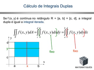 Cálculo de Integrais Duplas
Se f (x, y) é contínua no retângulo R = [a, b] × [c, d], a integral
dupla é igual a integral iterada.
a b
x
y
c
d
x
y
∫∫∫∫∫∫ ==
b
a
d
c
d
c
b
aR
dydxyxfdxdyyxfdAyxf ),(),(),(
fixo fixo
 