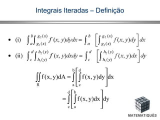 Integrais Iteradas – Definição
∫ ∫
∫ ∫∫∫








=








=
d
c
b
a
b
a
d
cR
dydx)y,x(f
dxdy)y,x(fdA)y,x(f
 