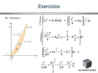 Exercícios
=+∫ ∫ )4(
4
0
2
3
dxdyyx
y
y
dyxy
x y
y
2
4
0
4
4
4∫ 





+
( ) dyy
y
y
yy
y
∫ 









−−+
4
0
4
.
2
4
4
2.4
4
=








−−+∫ 2
8
4
64
4
0
22
32
dyy
y
y
y
4
0
322
5
3
3
2
8.2
2
5
4
64.3
yyyy
−−+
 