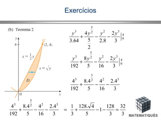 Exercícios
4
0
322
5
3
3
2
8.2
2
5
4
64.3
yyyy
−−+
4
0
322
5
3
3
2
165
8
192
yyyy
−−+
3
4.2
16
4
5
4.8
192
4 322
5
3
−−+
3
32
3
128
1
5
4.128
3
1
3
4.2
16
4
5
4.8
192
4 322
5
3
=−−+=−−+
 