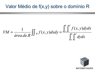 Valor Médio de f(x,y) sobre o domínio R
∫ ∫
∫ ∫
∫∫ == b
a
d
c
b
a
d
c
R
dydx
dydxyxf
dxdyyxf
Rdeàrea
VM
),(
),(
..
1
 