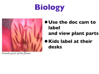 Biology
  •Use the doc cam to
   label
   and view plant parts
  •Kids label at their
   desks
 