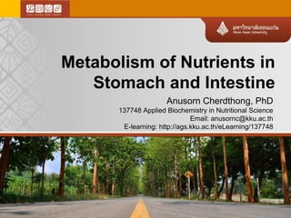 Anusorn Cherdthong, PhD
137748 Applied Biochemistry in Nutritional Science
Email: anusornc@kku.ac.th
E-learning: http://ags.kku.ac.th/eLearning/137748
Metabolism of Nutrients in
Stomach and Intestine
 
