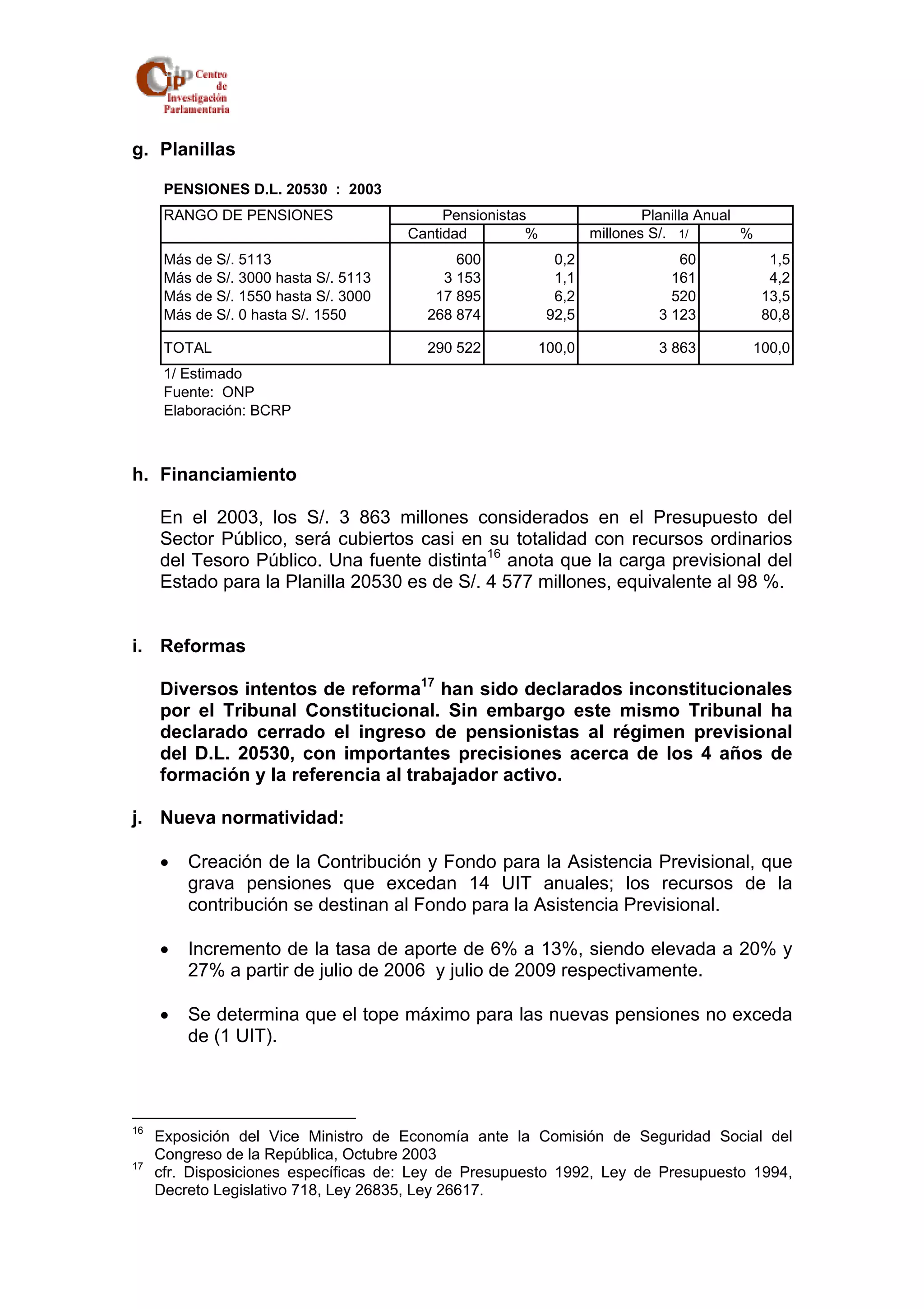g. Planillas 
PENSIONES D.L. 20530 : 2003 
RANGO DE PENSIONES Pensionistas Planilla Anual 
Más de S/. 5113 600 0,2 60 1,5 
Más de S/. 3000 hasta S/. 5113 3 153 1,1 161 4,2 
Más de S/. 1550 hasta S/. 3000 17 895 6,2 520 13,5 
Más de S/. 0 hasta S/. 1550 268 874 92,5 3 123 80,8 
TOTAL 290 522 100,0 3 863 100,0 
1/ Estimado 
Fuente: ONP 
Elaboración: BCRP 
h. Financiamiento 
Cantidad % millones S/. 1/ % 
En el 2003, los S/. 3 863 millones considerados en el Presupuesto del 
Sector Público, será cubiertos casi en su totalidad con recursos ordinarios 
del Tesoro Público. Una fuente distinta16 anota que la carga previsional del 
Estado para la Planilla 20530 es de S/. 4 577 millones, equivalente al 98 %. 
i. Reformas 
Diversos intentos de reforma17 han sido declarados inconstitucionales 
por el Tribunal Constitucional. Sin embargo este mismo Tribunal ha 
declarado cerrado el ingreso de pensionistas al régimen previsional 
del D.L. 20530, con importantes precisiones acerca de los 4 años de 
formación y la referencia al trabajador activo. 
j. Nueva normatividad: 
• Creación de la Contribución y Fondo para la Asistencia Previsional, que 
grava pensiones que excedan 14 UIT anuales; los recursos de la 
contribución se destinan al Fondo para la Asistencia Previsional. 
• Incremento de la tasa de aporte de 6% a 13%, siendo elevada a 20% y 
27% a partir de julio de 2006 y julio de 2009 respectivamente. 
• Se determina que el tope máximo para las nuevas pensiones no exceda 
de (1 UIT). 
16 Exposición del Vice Ministro de Economía ante la Comisión de Seguridad Social del 
Congreso de la República, Octubre 2003 
17 cfr. Disposiciones específicas de: Ley de Presupuesto 1992, Ley de Presupuesto 1994, 
Decreto Legislativo 718, Ley 26835, Ley 26617. 
 