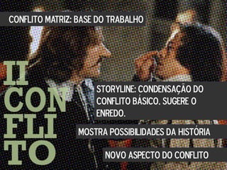 CONFLITO MATRIZ: BASE DO TRABALHO
STORYLINE: CONDENSAÇÃO DO
CONFLITO BÁSICO, SUGERE O
ENREDO.
MOSTRA POSSIBILIDADES DA HISTÓRIA
NOVO ASPECTO DO CONFLITO
 