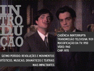 Cadência ininterrupta
Transmissão televisiva: 1939
Massificação da TV: 1950
Vídeo: 1960
Chip: 1970
Último período: revoluções e movimentos
artísticos, musicais, dramáticos e teatrais
mais impactantes
 