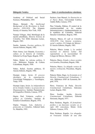 Bibliografía Temática Sobre el constitucionalismo colombiano
Academy of Political and Social Pacheco, Juan Manuel, La Ilustración en
Sciences, Philadelphia, 1893. el Nuevo Reino, Universidad Católica
Andrés Bello, Caracas, 1976.
Moses, Bernard, The Intellectual
Background of the Revolution in South Páez Velandia, Dídimo, El control de la
America 1810-1824, The Hispanic constitucionalidad en los estados
Society of America, New York, 1926. latinoamericanos y fundamentalmente en
la república de Colombia, Editorial
Naranjo Villegas, Abel, Morfología de la Derecho Colombiano, Bogo tá, 1985.
nación colombiana, Historia Extensa de
Colombia, Vol. XXII, Ediciones Lerner, Palacios, Marco, El café en Colombia
Bogotá. 1965. 1850-1970: Una historia económica,
social y politice, El Colegio de México /
Nariño, Antonio, Escritos políticos, El El Ancora Editores, Bogotá, 1983.
Ancora Editores, Bogotá, 1982.
Palacios, Marco (comp. ), La anidad
Nieto Artera, Luis Eduardo, Economía y nacional en América Latina: Del
cultura en la historia de Colombia, regionalismo a la nacionalidad, El
Editorial La Oveja Negra, Bogotá, 1970. Colegio de México, México, 1983.
Núñez, Rafael, La reforma política, 8 Palacios, Marco, Estado y clases sociales
vols., Biblioteca Popular de Cultura en Colombia, Procultura, Bogotá, 1986.
Colombiana, Bogotá, 1950.
Palacios, Marco, La delgada corteza de
Núñez, Rafael, Escritos políticos, El nuestra civilización, Procultura, Bogotá,
Ancora Editores, Bogotá, 1986. 1986.
Ocampo López, Javier, El proceso Palacios Mejía, Hugo, La Economía en el
ideológico de la emancipación, Derecho Constitucio nal Colombiano, 2
Universidad Pedagógica y Tecnológica, vols., Biblioteca ANIF de Economía, Bo -
Tunja, 1970. gotá, 1976.
Ocampo López, Javier, La independencia Pérez, Francisco de Paula, Derecho
de los Estados Unidas y su proyección en Constitucional Colombiano, Ediciones
Hispanoamérica, Instituto Panamericano Lerner, Bogotá, 1962.
de Geografía e Historia, Caracas, 1979.
Pérez Escobar, Jacobo, Derecho
Oquist, Paul, Violencia, conflicto y Constitucional Colombiano, Editorial
política en Colombia , Instituto de Horizonte, Bogotá, 1977.
Estudios Colombianos, Bogotá, 1976.
Pérez Perdomo, Rogelio , El formalismo
Ospina Vásquez, Luis, Industria y jurídico y sus funciones sociales en el
protección en Colombia , Editorial Sarta siglo XIX venezolano, Monte Ávila
Fe, Medellín, 1955. Editores, Caracas, 1978.
Pérez Perdomo, Rogelio , Los abogados
en Venezuela: Estadio de una élite