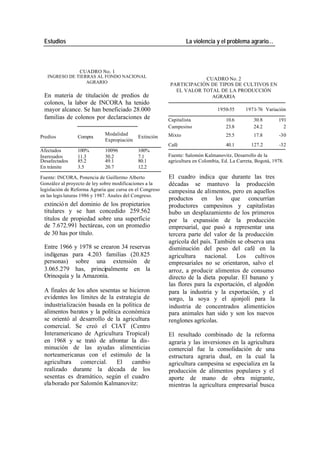 Estudios La violencia y el problema agrario…
CUADRO No. 1
INGRESO DE TIERRAS AL FONDO NACIONAL
CUADRO No. 2
AGRARIO
PARTICIPACIÓN DE TIPOS DE CULTIVOS EN
EL VALOR TOTAL DE LA PRODUCCIÓN
En materia de titulación de predios de AGRARIA
colonos, la labor de INCORA ha tenido
mayor alcance. Se han beneficiado 28.000 1950-55 1971-76 Variación
familias de colonos por declaraciones de Capitalista 10.6 30.8 191
Campesino 23.8 24.2 2
Modalidad Mixto 25.5 17.8 -30
Predios Compra Extinción
Expropiación
Café 40.1 127.2 -32
Afectados 100% 10096 100%
Ingresados 11.3 30.2 7.1 Fuente: Salomón Kalmanovitz, Desarrollo de la
Desafectados 85.2 49.1 80.1 agricultura en Colombia, Ed. La Carreta, Bogotá, 1978.
En trámite 3.5 20.7 12.2
Fuente: INCORA, Ponencia de Guillermo Alberto El cuadro indica que durante las tres
González al proyecto de ley sobre modificaciones a la décadas se mantuvo la producción
legislación de Reforma Agraria que cursa en el Congreso campesina de alimentos, pero en aquellos
en las legis laturas 1986 y 1987. Anales del Congreso.
productos en los que concurrían
extinció n del dominio de los propietarios productores campesinos y capitalistas
titulares y se han concedido 259.562 hubo un desplazamiento de los primeros
títulos de propiedad sobre una superficie por la expansión de la producción
de 7.672.991 hectáreas, con un promedio empresarial, que pasó a representar una
de 30 has por título. tercera parte del valor de la producción
agrícola del país. También se observa una
Entre 1966 y 1978 se crearon 34 reservas disminución del peso del café en la
indígenas para 4.203 familias (20.825 agricultura nacional. Los cultivos
personas) sobre una extensión de empresariales no se orientaron, salvo el
3.065.279 has, principalmente en la arroz, a producir alimentos de consumo
Orinoquía y la Amazonía. directo de la dieta popular. El banano y
las flores para la exportación, el algodón
A finales de los años sesentas se hicieron para la industria y la exportación, y el
evidentes los límites de la estrategia de sorgo, la soya y el ajonjolí para la
industrialización basada en la política de industria de concentrados alimenticios
alimentos baratos y la política económica para animales han sido y son los nuevos
se orientó al desarrollo de la agricultura renglones agrícolas.
comercial. Se creó el CIAT (Centro
Interamericano de Agricultura Tropical) El resultado combinado de la reforma
en 1968 y se trató de afrontar la dis- agraria y las inversiones en la agricultura
minución de las ayudas alimenticias comercial fue la consolidación de una
norteamericanas con el estimulo de la estructura agraria dual, en la cual la
agricultura comercial. El cambio agricultura campesina se especializa en la
realizado durante la década de los producción de alimentos populares y el
sesentas es dramático, según el cuadro aporte de mano de obra migrante,
ela borado por Salomón Kalmanovitz: mientras la agricultura empresarial busca