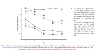 Figure 1. Shows the average attack rates and capture rates during five trials of the avoidance-learning test. The pink squares represent Pyrrhocoris apterus, the blue
circles represent Scantius aegyptius and the white diamonds represent control fruit flies. The y-axis represents the rates of attack and capture, while the x-axis
represents the trials. The dotted lines represent attack rates, and the full lines represent capture rates.
• The attack and capture rates
for both bugs decreases over
time, indicating that the spiders
learned to avoid attacking these
prey species, and became less
successful in capturing the
prey.
• In contrast, the attack rates and
capture rates for the control
fruit flies remain relatively
stable throughout the trials,
indicating that the spiders did
not learn to avoid or have
difficulty capturing the control
prey.
 