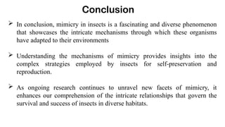  In conclusion, mimicry in insects is a fascinating and diverse phenomenon
that showcases the intricate mechanisms through which these organisms
have adapted to their environments
 Understanding the mechanisms of mimicry provides insights into the
complex strategies employed by insects for self-preservation and
reproduction.
 As ongoing research continues to unravel new facets of mimicry, it
enhances our comprehension of the intricate relationships that govern the
survival and success of insects in diverse habitats.
Conclusion
 