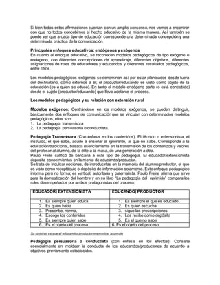 Si bien todas estas afirmaciones cuentan con un amplio consenso, nos vamos a encontrar
con que no todos concebimos el hecho educativo de la misma manera. Así también se
puede ver que a cada tipo de educación corresponde una determinada concepción y una
determinada práctica de la comunicación
Principales enfoques educativos: endógenos y exógenos
En cuanto al enfoque educativo, se reconocen modelos pedagógicos de tipo exógeno o
endógeno, con diferentes concepciones de aprendizaje, diferentes objetivos, diferentes
asignaciones de roles de educadores y educandos y diferentes resultados pedagógicos,
entre otros.
Los modelos pedagógicos exógenos se denominan así por estar planteados desde fuera
del destinatario, como externos a él; el productor/educando es visto como objeto de la
educación (es a quien se educa). En tanto el modelo endógeno parte (o está concebido)
desde el sujeto (productor/educando) que lleva adelante el proceso.
Los modelos pedagógicos y su relación con extensión rural
Modelos exógenos: Centrándose en los modelos exógenos, se pueden distinguir,
básicamente, dos enfoques de comunicación que se vinculan con determinados modelos
pedagógicos, ellos son:
1. La pedagogía transmisora
2. La pedagogía persuasoria o conductista.
Pedagogía Transmisora (Con énfasis en los contenidos). El técnico o extensionista, el
instruido, el que sabe, acude a enseñar al ignorante, al que no sabe. Corresponde a la
educación tradicional, basada esencialmente en la transmisión de los contenidos y valores
del profesor al alumno, de la élite a la masa, de una generación a otra.
Paulo Freile calificó de bancaria a este tipo de pedagogía. El educador/extensionista
deposita conocimientos en la mente de educando/productor.
Se trata de inculcar nociones, de introducirlas en la memoria del alumno/productor, el que
es visto como receptáculo o depósito de información solamente. Este enfoque pedagógico
informa pero no forma; es vertical, autoritario y paternalista. Paulo Freire afirma que sirve
para la domesticación del hombre y en su libro “La pedagogía del oprimido” compara los
roles desempeñados por ambos protagonistas del proceso:
EDUCADOR| EXTENSIONISTA EDUCANDO| PRODUCTOR
1. Es siempre quien educa 1. Es siempre el que es educado.
2. Es quien habla 2. Es quien escucha
3. Prescribe, norma, 3. sigue las prescripciones
4. Escoge los contenidos 4. Los recibe como depósito
5. Es siempre quien sabe 5. Es el que no sabe
6. Es el objeto del proceso 6. Es el objeto del proceso
Su objetivo es que el educando/ productor memorice, acumule
Pedagogía persuasoria o conductista (con énfasis en los efectos): Consiste
esencialmente en moldear la conducta de los educandos/productores de acuerdo a
objetivos previamente establecidos.
 