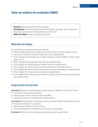 Orientaciones para el
                                                                                                    Análisis de Resultados
                                                                                      CAPÍTULO 3




Taller de análisis de resultados SIMCE



   Duración: Aproximadamente 4 horas de trabajo.
   Participantes: Todos los docentes de Enseñanza Básica. Se sugiere que el trabajo sea
   dirigido por el director del establecimiento y/o jefe de UTP.
   Modo de trabajo: Trabajo en grupos y/o plenarios.




Materiales de trabajo

Se recomienda que cada grupo tenga una copia de:
•• Informe de Resultados para Docentes y Directivos 8° básico 2011 del establecimiento.
•• Documentos de Niveles de Logro 8° básico de Lectura y Matemática.
•• Ficha resumen de resultados del establecimiento en prueba SIMCE 8° básico 2011
   (págs. 12 y 13).
•• Ficha 1 (página 44): Puntajes promedio 2011 del establecimiento.
•• Ficha 2 (página 44): Niveles de Logro 8° Básico de Lectura y Matemática.
•• Ficha 3 (página 45): Síntesis de los resultados obtenidos por el establecimiento.
•• Ficha 4 (página 46): Causas o factores que pueden explicar los resultados del establecimiento.
•• Ficha 5 (página 47): Compromisos para mejorar los aprendizajes.
•• Ficha 6 (página 48): Plan de trabajo para mejorar los logros de aprendizaje de los estudiantes
   del establecimiento.



Programación de la jornada

Actividad 1: Resumir los resultados del establecimiento en SIMCE 8° básico 2011 (1 hora).
•• Primer paso: Formar grupos de trabajo.
•• Segundo paso: Conocer conceptos claves del SIMCE.
•• Tercer paso: Conocer los resultados del establecimiento.
Actividad 2: Extraer algunas conclusiones sobre los resultados SIMCE 8° básico 2011 (2 horas).
•• Primer paso: Sintetizar los resultados.
•• Segundo paso: Identificar causas o factores.
•• Tercer paso: Establecer compromisos para mejorar los aprendizajes.
Actividad 3: Definir un plan de trabajo para mejorar los aprendizajes (1 hora).




                                                                                                    41
 