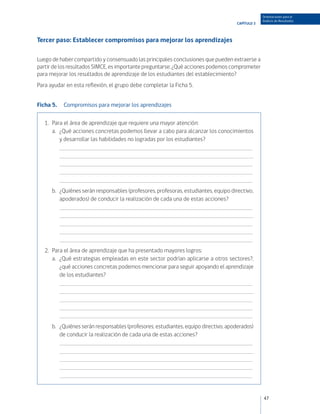 Orientaciones para el
                                                                                                  Análisis de Resultados
                                                                                     CAPÍTULO 3



Tercer paso: Establecer compromisos para mejorar los aprendizajes

Luego de haber compartido y consensuado las principales conclusiones que pueden extraerse a
partir de los resultados SIMCE, es importante preguntarse: ¿Qué acciones podemos comprometer
para mejorar los resultados de aprendizaje de los estudiantes del establecimiento?
Para ayudar en esta reflexión, el grupo debe completar la Ficha 5.


Ficha 5.	 Compromisos para mejorar los aprendizajes


   1.	 Para el área de aprendizaje que requiere una mayor atención:
       a.	 ¿Qué acciones concretas podemos llevar a cabo para alcanzar los conocimientos
           y desarrollar las habilidades no logradas por los estudiantes?
       	 		
           		
           		
           		
           		
      b.	 ¿Quiénes serán responsables (profesores, profesoras, estudiantes, equipo directivo,
          apoderados) de conducir la realización de cada una de estas acciones?
      	 		
          		
          		
          		
          		
   2.	 Para el área de aprendizaje que ha presentado mayores logros:
       a.	 ¿Qué estrategias empleadas en este sector podrían aplicarse a otros sectores?,
           ¿qué acciones concretas podemos mencionar para seguir apoyando el aprendizaje
           de los estudiantes?
       	 		
           		
           		
           		
           		
      b.	 ¿Quiénes serán responsables (profesores, estudiantes, equipo directivo, apoderados)
          de conducir la realización de cada una de estas acciones?
      	 		
          		
          		
          		
          		


                                                                                                  47
 