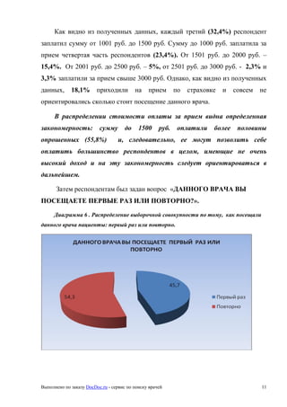 Выполнено по заказу DocDoc.ru - сервис по поиску врачей 11
Как видно из полученных данных, каждый третий (32,4%) респондент
заплатил сумму от 1001 руб. до 1500 руб. Сумму до 1000 руб. заплатила за
прием четвертая часть респондентов (23,4%). От 1501 руб. до 2000 руб. –
15,4%. От 2001 руб. до 2500 руб. – 5%, от 2501 руб. до 3000 руб. - 2,3% и
3,3% заплатили за прием свыше 3000 руб. Однако, как видно из полученных
данных, 18,1% приходили на прием по страховке и совсем не
ориентировались сколько стоит посещение данного врача.
В распределении стоимости оплаты за прием видна определенная
закономерность: сумму до 1500 руб. оплатили более половины
опрошенных (55,8%) и, следовательно, ее могут позволить себе
оплатить большинство респондентов в целом, имеющие не очень
высокий доход и на эту закономерность следует ориентироваться в
дальнейшем.
Затем респондентам был задан вопрос «ДАННОГО ВРАЧА ВЫ
ПОСЕЩАЕТЕ ПЕРВЫЕ РАЗ ИЛИ ПОВТОРНО?».
Диаграмма 6 . Распределение выборочной совокупности по тому, как посещали
данного врача пациенты: первый раз или повторно.
 
