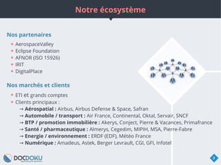 Notre écosystème
3
Nos marchés et clients
● ETI et grands comptes
● Clients principaux :
→ Aérospatial : Airbus, Airbus Defense & Space, Safran
→ Automobile / transport : Air France, Continental, Oktal, Servair, SNCF
→ BTP / promotion immobilière : Akerys, Conject, Pierre & Vacances, Primafrance
→ Santé / pharmaceutique : Almerys, Cegedim, MIPIH, MSA, Pierre-Fabre
→ Energie / environnement : ERDF (EDF), Météo France
→ Numérique : Amadeus, Astek, Berger Levrault, CGI, GFI, Infotel
Nos partenaires
● AerospaceValley
● Eclipse Foundation
● AFNOR (ISO 15926)
● IRIT
● DigitalPlace
 