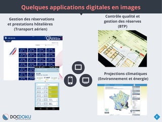 Quelques applications digitales en images
Contrôle qualité et
gestion des réserves
(BTP)
Projections climatiques
(Environnement et énergie)
Gestion des réservations
et prestations hôtelières
(Transport aérien)
6
 