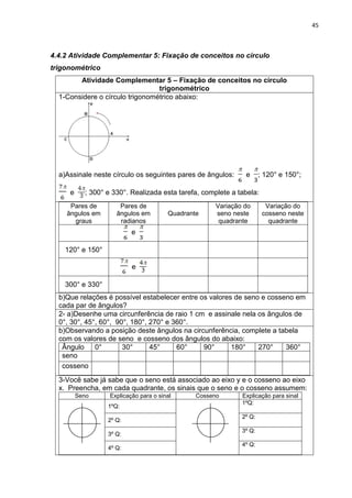 45 
4.4.2 Atividade Complementar 5: Fixação de conceitos no círculo trigonométrico 
Atividade Complementar 5 – Fixação de conceitos no círculo trigonométrico 
1-Considere o círculo trigonométrico abaixo: a)Assinale neste círculo os seguintes pares de ângulos: e ; 120° e 150°; e ; 300° e 330°. Realizada esta tarefa, complete a tabela: 
Pares de ângulos em graus 
Pares de ângulos em radianos 
Quadrante 
Variação do seno neste quadrante 
Variação do cosseno neste quadrante 
e 
120° e 150° 
e 
300° e 330° 
b)Que relações é possível estabelecer entre os valores de seno e cosseno em cada par de ângulos? 
2- a)Desenhe uma circunferência de raio 1 cm e assinale nela os ângulos de 0°, 30°, 45°, 60°, 90°, 180°, 270° e 360°. 
b)Observando a posição deste ângulos na circunferência, complete a tabela com os valores de seno e cosseno dos ângulos do abaixo: 
Ângulo 
0° 
30° 
45° 
60° 
90° 
180° 
270° 
360° 
seno 
cosseno 
3-Você sabe já sabe que o seno está associado ao eixo y e o cosseno ao eixo x. Preencha, em cada quadrante, os sinais que o seno e o cosseno assumem: 
Seno 
Explicação para o sinal 
Cosseno 
Explicação para sinal 
1ºQ: 
1ºQ: 
2º Q: 
2º Q: 
3º Q: 
3º Q: 
4º Q: 
4º Q: 
 