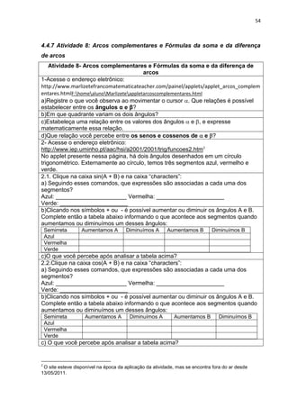 54 
4.4.7 Atividade 8: Arcos complementares e Fórmulas da soma e da diferença de arcos 
Atividade 8- Arcos complementares e Fórmulas da soma e da diferença de arcos 
1-Acesse o endereço eletrônico: http://www.marlizetefrancomatematicateacher.com/painel/applets/applet_arcos_complementares.htmlF:homealunoMarlizeteappletarcoscomplementares.html a)Registre o que você observa ao movimentar o cursor . Que relações é possível estabelecer entre os ângulos α e β? 
b)Em que quadrante variam os dois ângulos? 
c)Estabeleça uma relação entre os valores dos ângulos e , e expresse matematicamente essa relação. 
d)Que relação você percebe entre os senos e cossenos de e ? 
2- Acesse o endereço eletrônico: http://www.iep.uminho.pt/aac/hsi/a2001/2001/trig/funcoes2.htm2 No applet presente nessa página, há dois ângulos desenhados em um círculo trigonométrico. Externamente ao círculo, temos três segmentos azul, vermelho e verde. 
2.1. Clique na caixa sin(A + B) e na caixa “characters”: a) Seguindo esses comandos, que expressões são associadas a cada uma dos segmentos? Azul: ______________________ Vermelha: _____________________ Verde: _____________________ 
b)Clicando nos símbolos + ou - é possível aumentar ou diminuir os ângulos A e B. Complete então a tabela abaixo informando o que acontece aos segmentos quando aumentamos ou diminuímos um desses ângulos: 
Semirreta 
Aumentamos A 
Diminuímos A 
Aumentamos B 
Diminuímos B 
Azul 
Vermelha 
Verde 
c)O que você percebe após analisar a tabela acima? 
2.2.Clique na caixa cos(A + B) e na caixa “characters”: a) Seguindo esses comandos, que expressões são associadas a cada uma dos segmentos? Azul: ______________________ Vermelha: _____________________ Verde: _____________________ 
b)Clicando nos símbolos + ou - é possível aumentar ou diminuir os ângulos A e B. Complete então a tabela abaixo informando o que acontece aos segmentos quando aumentamos ou diminuímos um desses ângulos: 
Semirreta 
Aumentamos A 
Diminuímos A 
Aumentamos B 
Diminuímos B 
Azul 
Vermelha 
Verde 
c) O que você percebe após analisar a tabela acima? 
2 O site esteve disponível na época da aplicação da atividade, mas se encontra fora do ar desde 13/05/2011.  