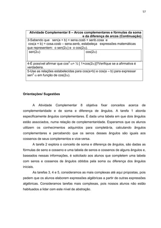 57 
Atividade Complementar 8 – Arcos complementares e fórmulas da soma e da diferença de arcos (Continuação) 
3-Sabendo que sen(a + b) = sena.cosb + senb.cosa e cos(a + b) = cosa.cosb – sena.senb, estabeleça expressões matemáticas que representem: o sen(2) e o cos(2). 
sen(2) 
cos(2) 
4-É possível afirmar que cos2 = ½ [ 1+cos(2)]?Verifique se a afirmativa é verdadeira. 
5-Use as relações estabelecidas para cos(a+b) e cos(a – b) para expressar sen2 em função de cos(2). 
Orientações/ Sugestões A Atividade Complementar 8 objetiva fixar conceitos acerca de complementaridade e de soma e diferença de ângulos. A tarefa 1 aborda especificamente ângulos complementares. É dada uma tabela em que dois ângulos estão associados, numa relação de complementaridade. Esperamos que os alunos utilizem os conhecimentos adquiridos para completá-la, calculando ângulos complementares e percebendo que os senos desses ângulos são iguais aos cossenos de seus complementos e vice-versa. A tarefa 2 explora o conceito de soma e diferença de ângulos, são dadas as fórmulas de seno e cosseno e uma tabela de senos e cossenos de alguns ângulos e, baseados nessas informações, é solicitado aos alunos que completem uma tabela com senos e cossenos de ângulos obtidos pela soma ou diferença dos ângulos iniciais. As tarefas 3, 4 e 5, consideramos as mais complexas até aqui propostas, pois pedem que os alunos elaborem expressões algébricas a partir de outras expressões algébricas. Consideramos tarefas mais complexas, pois nossos alunos não estão habituados a lidar com este nível de abstração.  