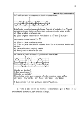 68 
Teste 2 (B) (Continuação) 
7-O gráfico abaixo representa uma função trigonométrica: Esta função possui certas características. Assinale V(verdadeiro) ou F(falso) para as sentenças abaixo, conforme elas pertençam ou não a esta função. a)( )Esta função é uma função par. b)( )Esta função é crescente nos intervalos de 0 a e de a 2π; e é decrescente no intervalo de . c)( )Esta função é uma função ímpar d)( )Esta função é crescente no intervalo de π a 2π; e decrescente no intervalo de 0 a π. e)( )este gráfico é da função y = senx. f)( )este gráfico é da função y = cosx. 
8-Observe o gráfico de função trigonométrica dado abaixo: I.Qual o seu domínio?__________ II-Qual a sua imagem?_________ III-Qual o seu período?_________ IV-Assinale a opção que representa a função associada a este gráfico: a)y= senx b)y= sen2x c)y= 2senx d)y= cosx e)y= 2cosx 
9-Que exercício você mais gostou de resolver? Justifique. 
O Teste 2 (B) possui as mesmas características que o Teste 2 (A) anteriormente comentado, com análises análogas. 
2 
– 2 
– π 
π 
2π 
3π 
4π 
– 2π  