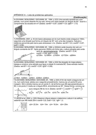 81 
APÊNDICE A – Lista de problemas aplicados 
(Continuação) 
6-(GIVANNI, BONJORNO, GIOVANNI JR., 1994, p.323) Uma escada apoiada em uma parede, num ponto distante 4m do solo, forma com essa parede um ângulo de 60°. Qual é o comprimento da escada em m? (Dados: sen60°= 0,87; cos60°= 0,5; tg60°= 1,73) 
7-(FERREIRA, 2001, p. 9) Um barco atravessa um rio num trecho onde a largura é 100m, seguindo uma direção que forma um ângulo de 30° com uma das margens. Calcule a distância percorrida pelo barco para atravessar o rio. (Dados: sen30°= 0,5; cos30°= 0,87; tg30°= 0,58) 
8-(GIVANNI, BONJORNO, GIOVANNI JR., 1994, p.324)Um avião levanta vôo sob um ângulo constante de 20°. Após percorrer 2000m em linha reta, a altura atingida pelo avião será de, aproximadamente: (Dados: sen20°= 0,34; 
cos20°= 0,94; tg20°= 0,36) 
a)728m b)1880m c)1000m d)1720m e)684m 
9-(GIVANNI, BONJORNO, GIOVANNI JR., 1994, p.324) Na situação do mapa abaixo, deseja-e construir uma estrada que ligue a cidade A à estrada BC. Essa estrada medirá: (Dados: sen30°= 0,5; cos30°= 0,87; tg30°= 0,58) a)15km b)20km c)25km d)30km e)40km 
10-(GIVANNI, BONJORNO, GIOVANNI JR., 1994, p.324) A fim de medir a largura de um rio, num certo local, adotou-se o seguinte procedimento: marcou-se um ponto B numa margem; 30m à direita marcou-se um ponto C, de tal forma que AB seja perpendicular a BC, e do ponto C mediu-se o ângulo BCA, encontrando-se 30°. Dessa forma, concluiu-se que a largura AB do rio é: (Dados: sen30°= ; cos30°= ; tg30°= ) 
a)m b)m c)5m d)10m e)50m 
11-(IEZZI et al, 2002, p. 220) Observe a figura abaixo e determine a altura h do edifício, sabendo que AB mede 25m e senθ= 0,8; cosθ = 0,6; tgθ= 1,3. 
a)h= 22,5m b)h= 15m c)h= 18,5m d)h= 20m 
 