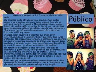 Meninos e meninas de 2 á 6 anos de idade e classe
media.
São crianças muito ativas que vão a creche e tem muitos
amigos e para queimar um pouco dessa energia toda vão ao
balé, judô, natação e capoeira. Quando não estão em alguma
dessas atividades estão vendo tigrão, Shrek, carros, meninas
super poderosas e galinha pintadinha, que são seus desenhos e
filmes favoritos, adoram a Disney e como não poderia ser
diferente, o Mickey mouse.
Crianças super saudáveis e espertas que amam ouvir
historinhas dos pais e já sabem “fingir” que leem, seus livros
preferidos são chapeuzinho vermelho e Bichodário que ensinam
com qual letra começa cada nome de animal, eles adoram saber
novidades e aprender coisas novas desse tipo, gostão muito de
livrinhos de pintar, giz de cera e massinha de modelar.
São totalmente apegados á seus pai e avós, nos quais se
espelham e a quem copiam, e não poderiam ser diferentes, pois
os consideram super heróis e que os protege. Outras
criaturinhas amadas e estimadas por essas pessoinhas são seus
bichinhos de estimação e seus ursinhos de pelúcia, e óbvio
viciados em pipoca e doces.
E das cantigas de roda que sabem, a que mais gostam é atirei
o pau no gato, vivem cantarolando pela casa e contagiando os
que estão ao seu redor com sua energia e sua alegria.
Público
 