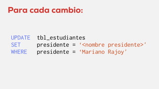 Para cada cambio:
UPDATE tbl_estudiantes
SET presidente = ‘<nombre presidente>'
WHERE presidente = ‘Mariano Rajoy'
 