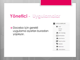 Yönetici -
 Docebo için gerekli
uygulama ayarları buradan
yapılıyor.
 