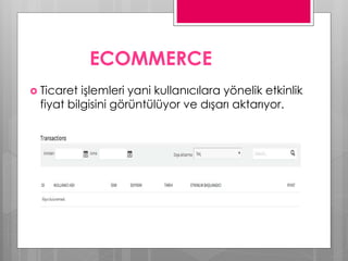 ECOMMERCE
 Ticaret işlemleri yani kullanıcılara yönelik etkinlik
fiyat bilgisini görüntülüyor ve dışarı aktarıyor.
 