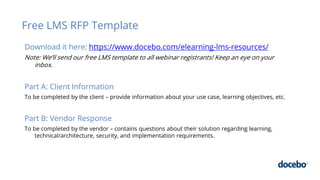 Free LMS RFP Template
Download it here: https://www.docebo.com/elearning-lms-resources/
Note: We’ll send our free LMS temp...