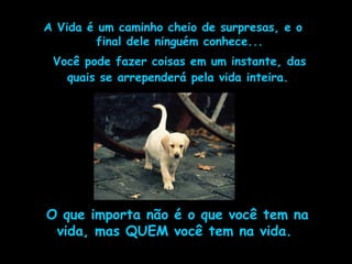 A Vida é um caminho cheio de surpresas, e o
final dele ninguém conhece...
Você pode fazer coisas em um instante, das
quais se arrependerá pela vida inteira.
O que importa não é o que você tem na
vida, mas QUEM você tem na vida.
 