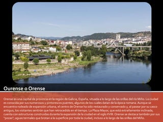 Ourense o Orense 
Orense es una capital de provincia en la región de Galicia, España, situada a lo largo de las orillas del río Miño. La ciudad 
es conocida por sus numerosos y pintorescos puentes, algunos de los cuales datan de la época romana. Aunque se 
encuentra rodeado de expansión urbana, el centro de Orense ha sido restaurado y conservado y, al pasear por su casco 
antiguo, los visitantes sentirán que han retrocedido en el tiempo. La Plaza Mayor, que está extrañamente inclinada, 
cuenta con estructuras construidas durante la expansión de la ciudad en el siglo XVIII. Orense se destaca también por sus 
“pozas”; aguas termales que brotan a la superficie por toda la ciudad, incluso a lo largo de las orillas del Miño. 
 